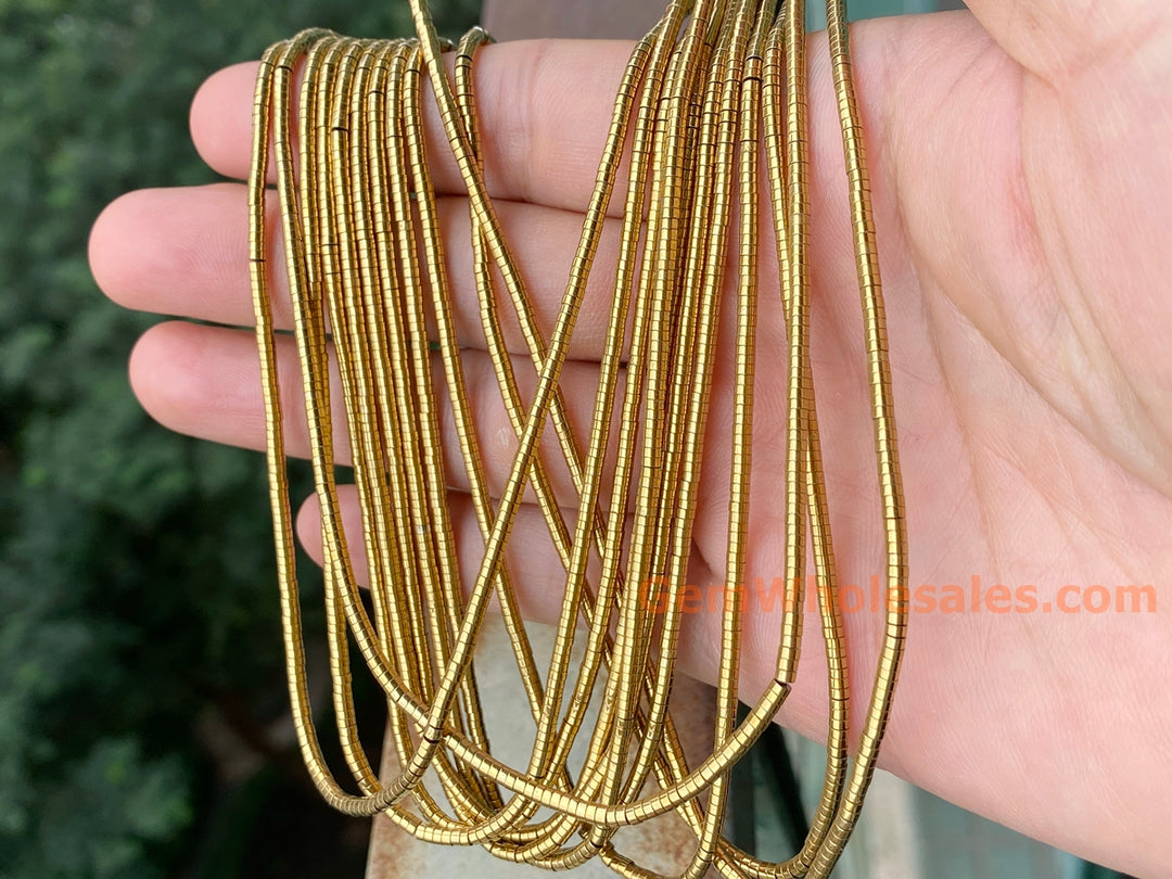 15.5" 1x2mm gold Hematite stone tiny tube Heishi beads