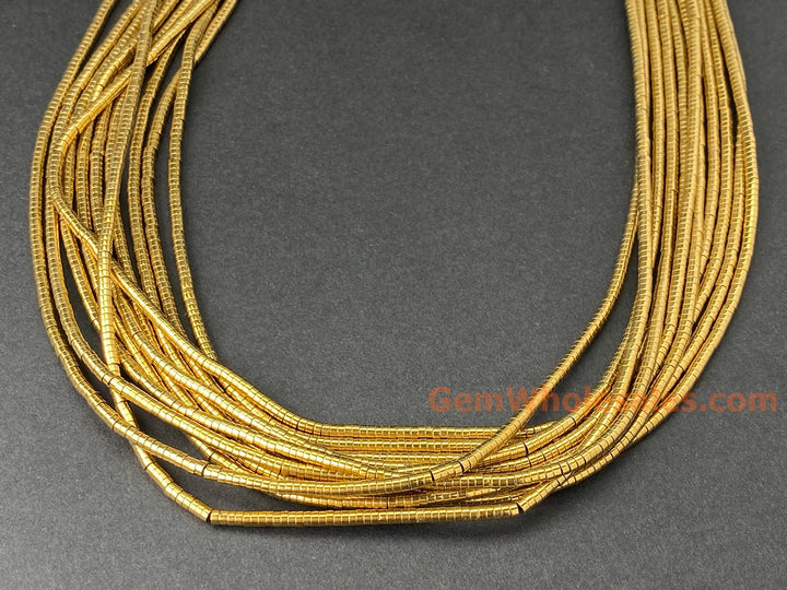 15.5" 1x2mm gold Hematite stone tiny tube Heishi beads