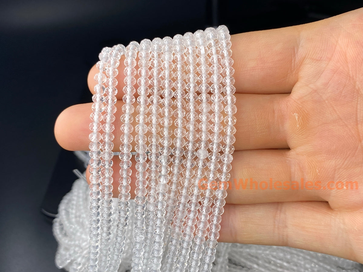 15.5" 3x4mm Natural rock crystal quartz rondelle/roundel faceted beads