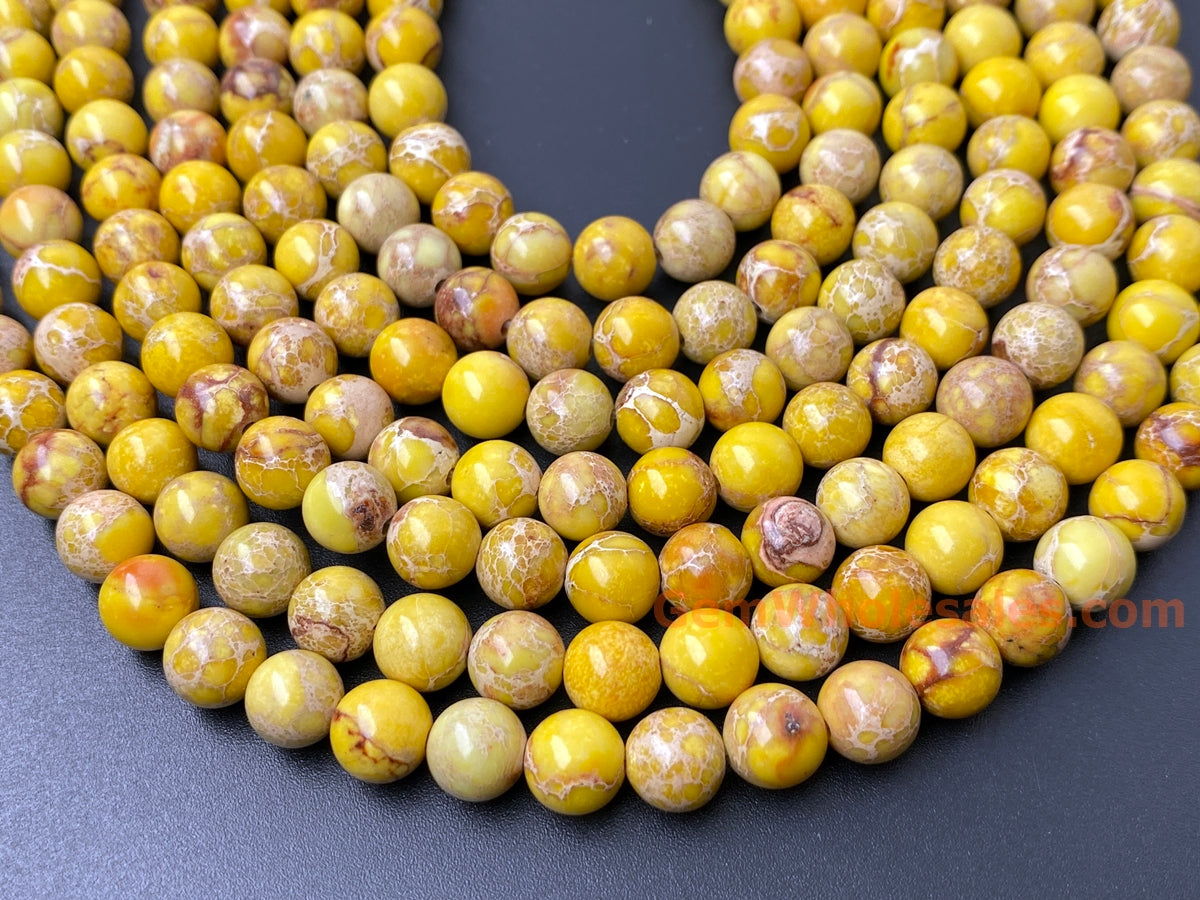 15.5" 8mm yellow emperor jasper, Sea Sediment round beads, terra jasper