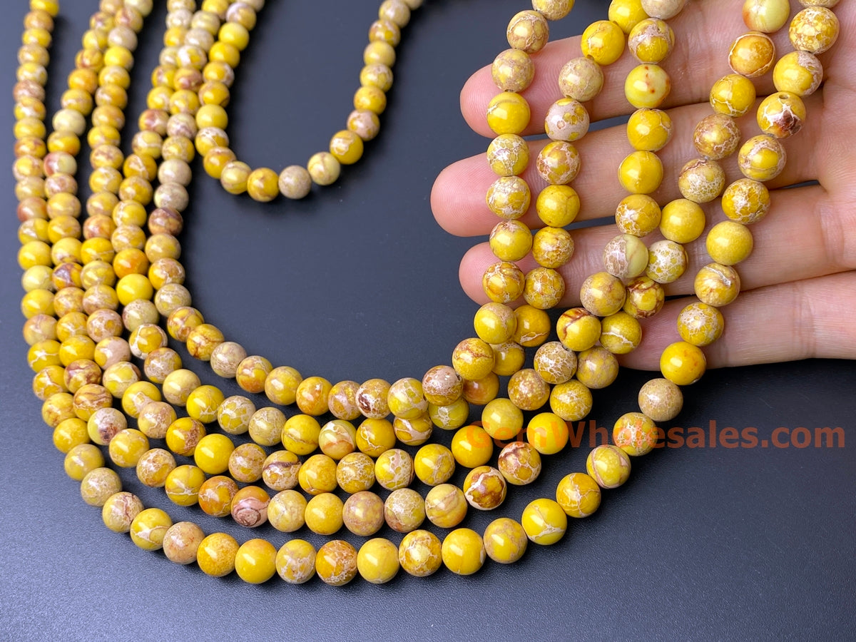 15.5" 8mm yellow emperor jasper, Sea Sediment round beads, terra jasper