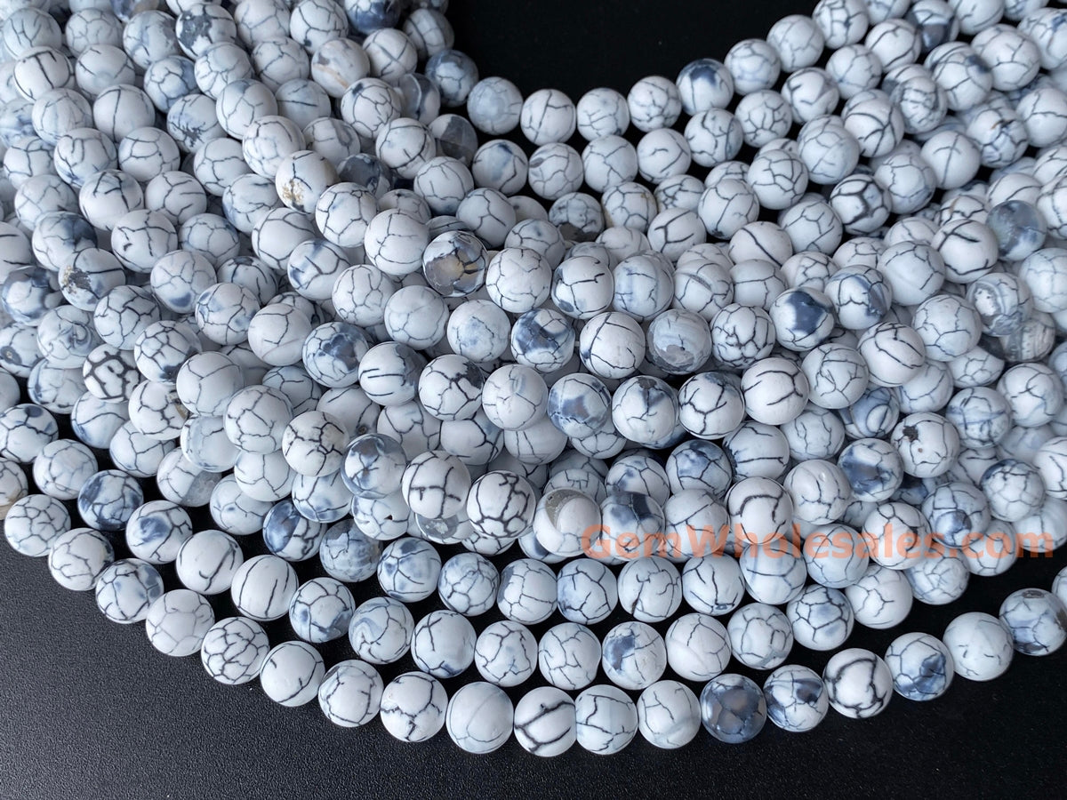 15" 10mm frosted white dream fire dragon veins Agate Round beads