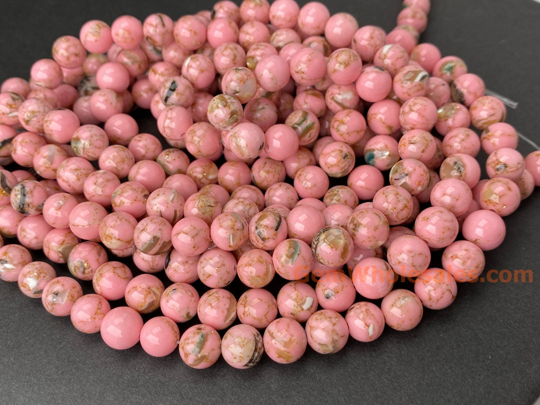 8mm pink Turquoise Beads With Shell Inlay round beads, 15.5"