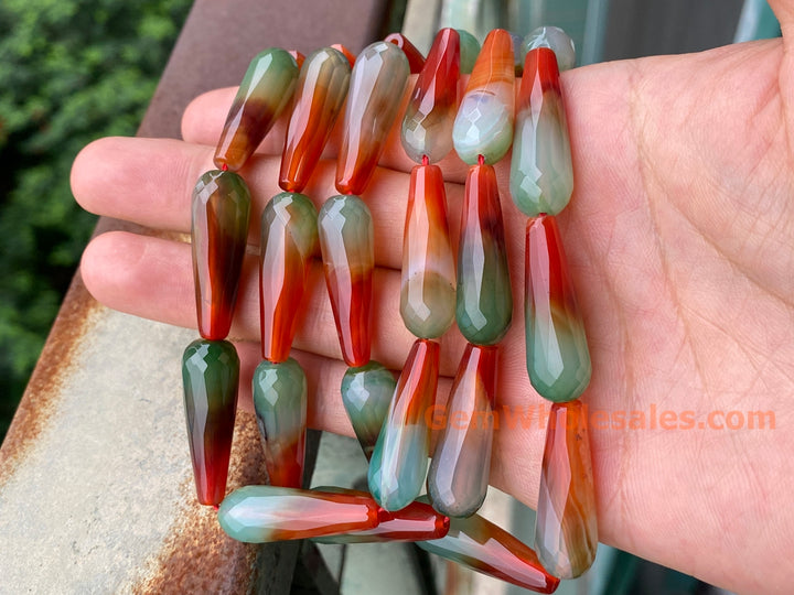 10x30mm Green red stripe agate faceted teardrop beads, 15.5"