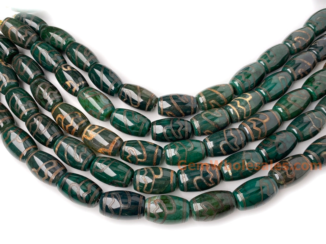 Lot de 12 perles tambour en agate dzi tibétaine verte antique de 15 x 22 mm, en vrac, de style lotus