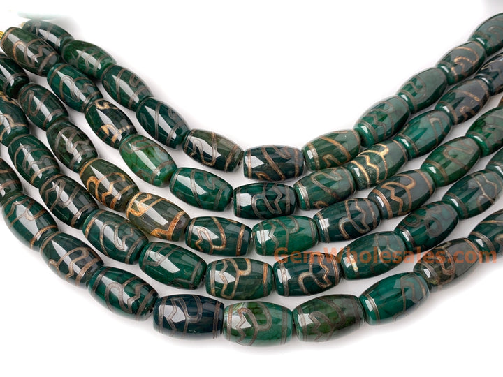 Lot de 12 perles tambour en agate dzi tibétaine verte antique de 15 x 22 mm, en vrac, de style lotus