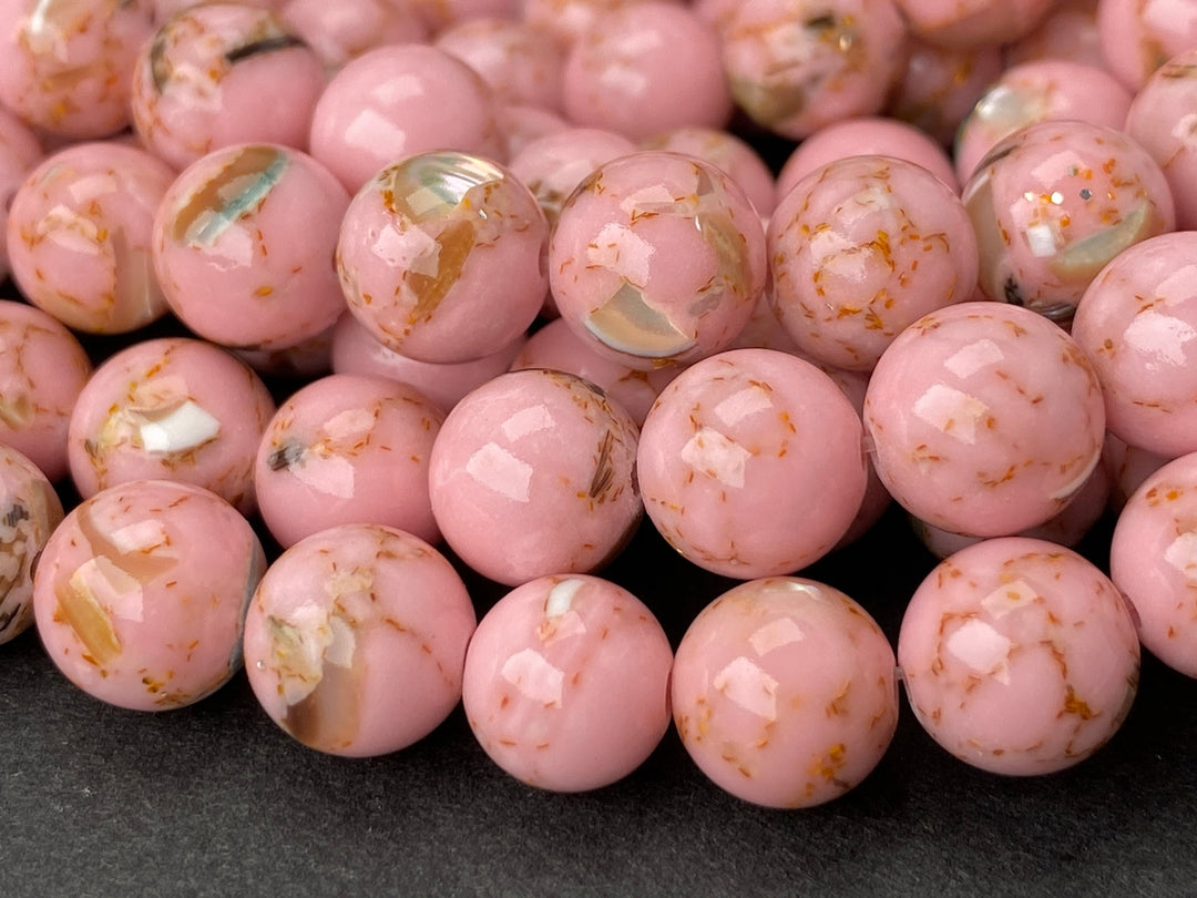 8mm pink Turquoise Beads With Shell Inlay round beads, 15.5"