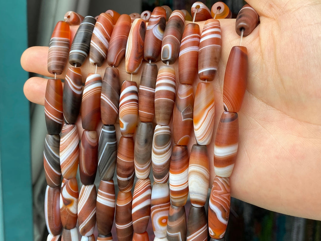 15" 10x30mm matte/frosted red brown stripe Agate oval/rice beads