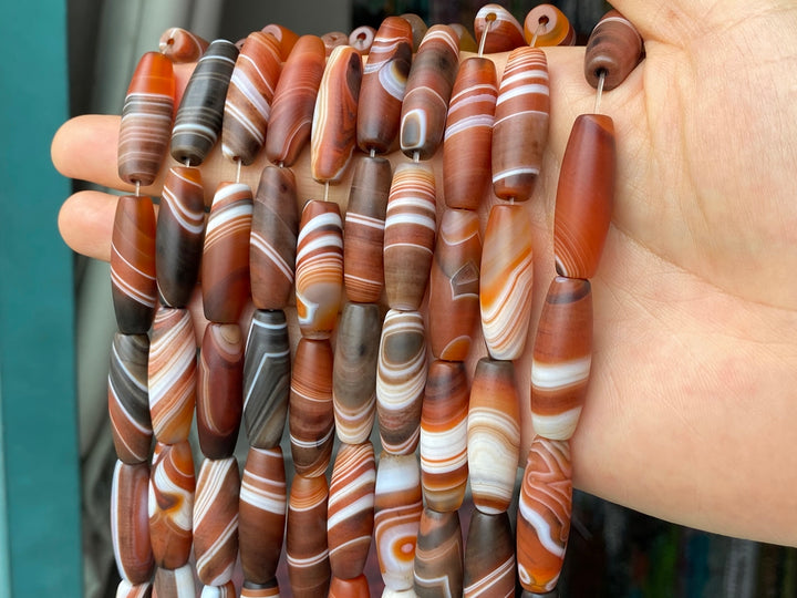 15" 10x30mm matte/frosted red brown stripe Agate oval/rice beads