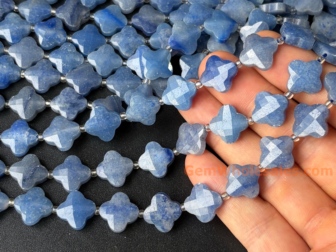 14mm Natural blue aventurine faceted Clover Beads, 15.5"