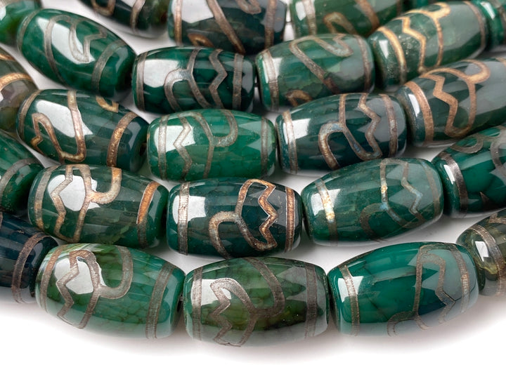 Lot de 12 perles tambour en agate dzi tibétaine verte antique de 15 x 22 mm, en vrac, de style lotus