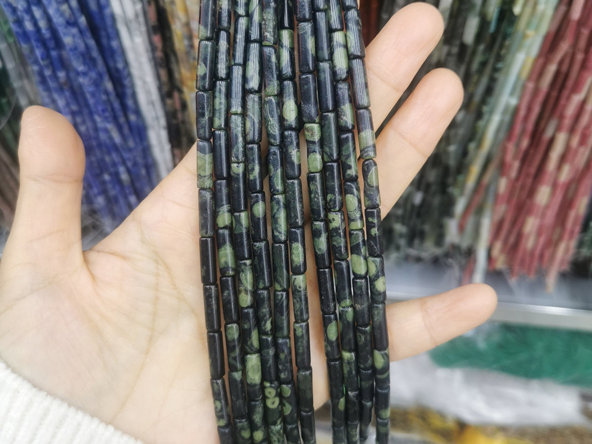 15.5" 4x13mm natural green kambaba jasper round tube cylinder beads