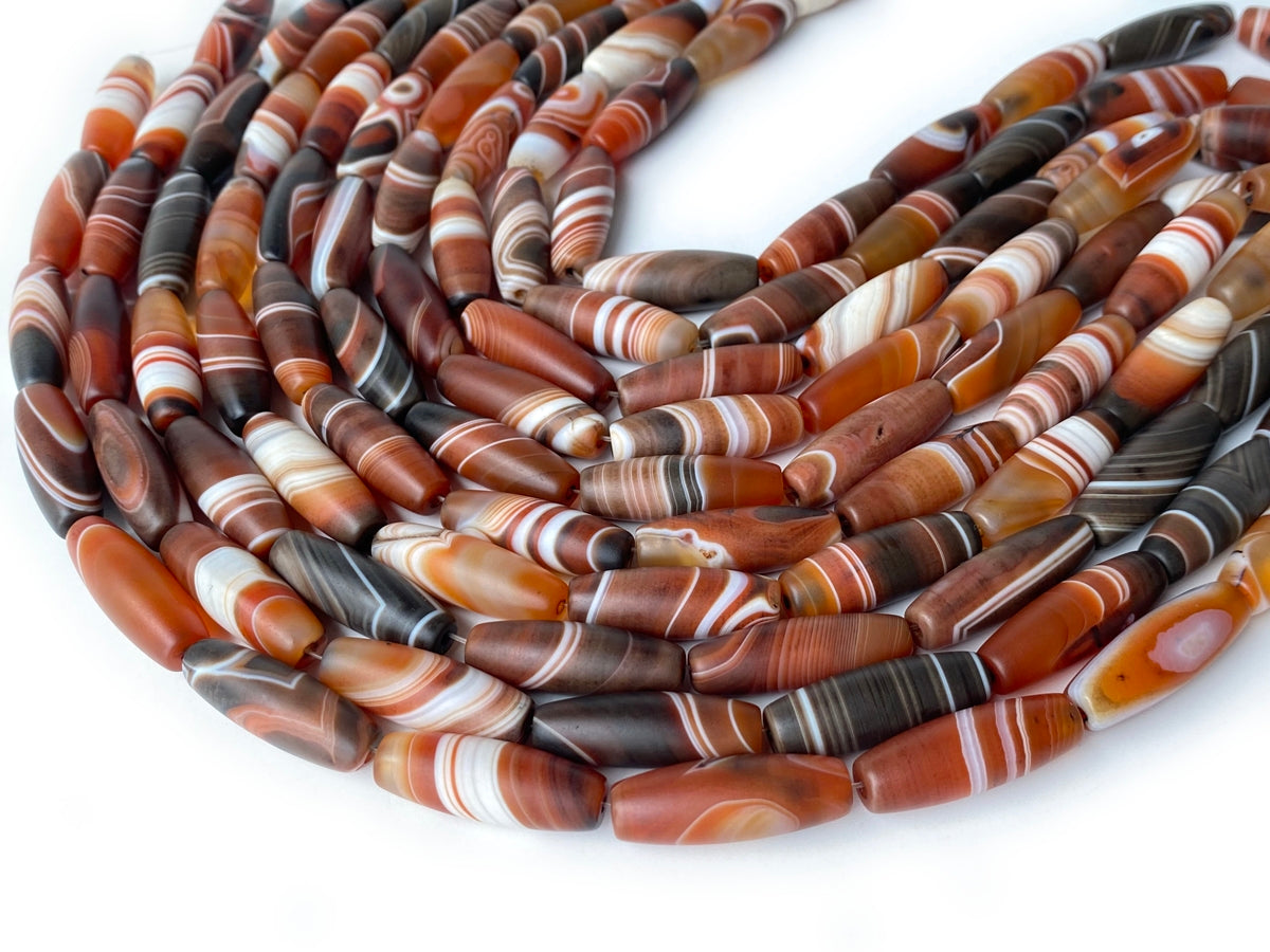 15" 10x30mm matte/frosted red brown stripe Agate oval/rice beads