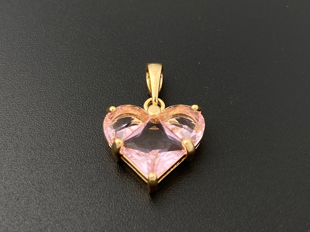 2PCS 14mm gold plated brass heart charms pendant, pink zircon heart