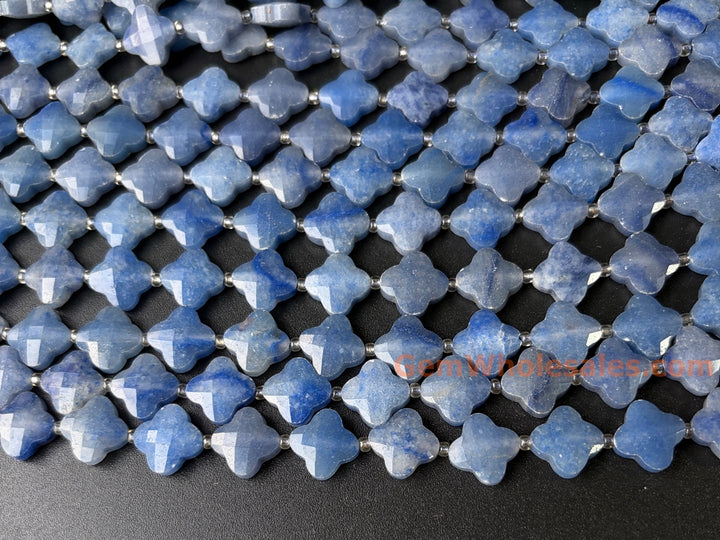 14mm Natural blue aventurine faceted Clover Beads, 15.5"