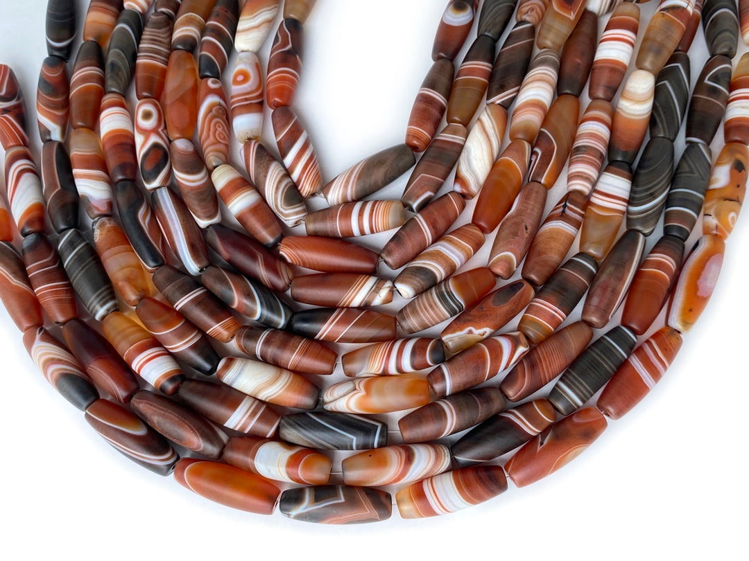 15" 10x30mm matte/frosted red brown stripe Agate oval/rice beads