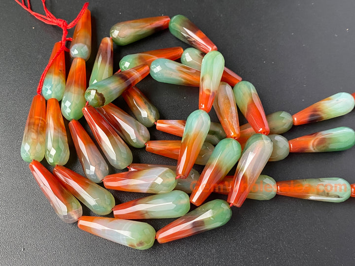 10x30mm Green red stripe agate faceted teardrop beads, 15.5"