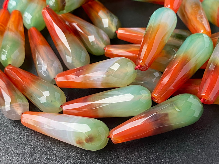 10x30mm Green red stripe agate faceted teardrop beads, 15.5"