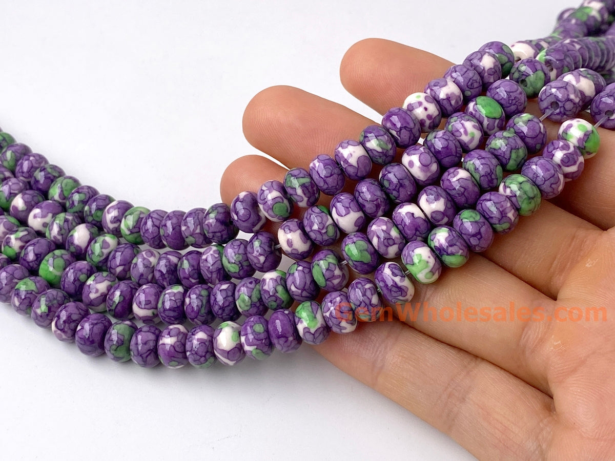 15.5" 5x8mm purple green rain flower stone roundel/rondelle beads