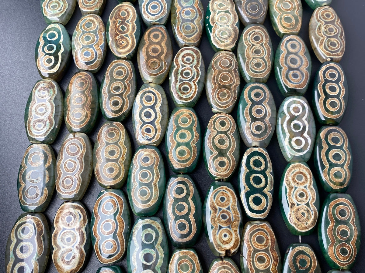 14" 22x40mm Antique green Bulk tibetan Dzi agate flat oval beads