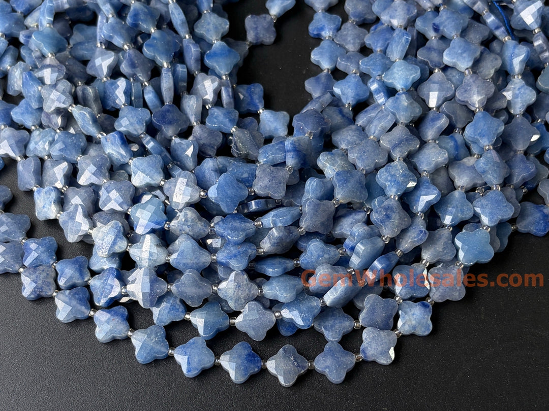 14mm Natural blue aventurine faceted Clover Beads, 15.5"
