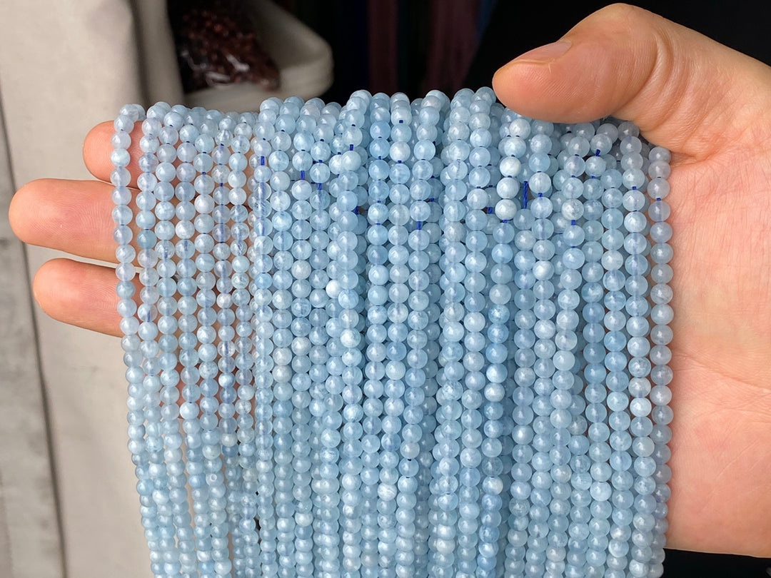 15.5" 4mm A Natural Aquamarine round beads, milky light blue beads