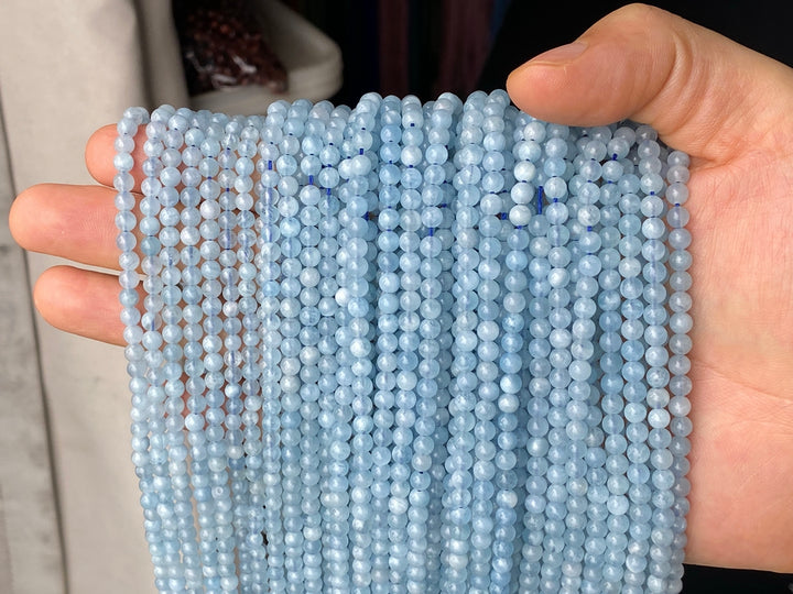 15.5" 4mm A Natural Aquamarine round beads, milky light blue beads