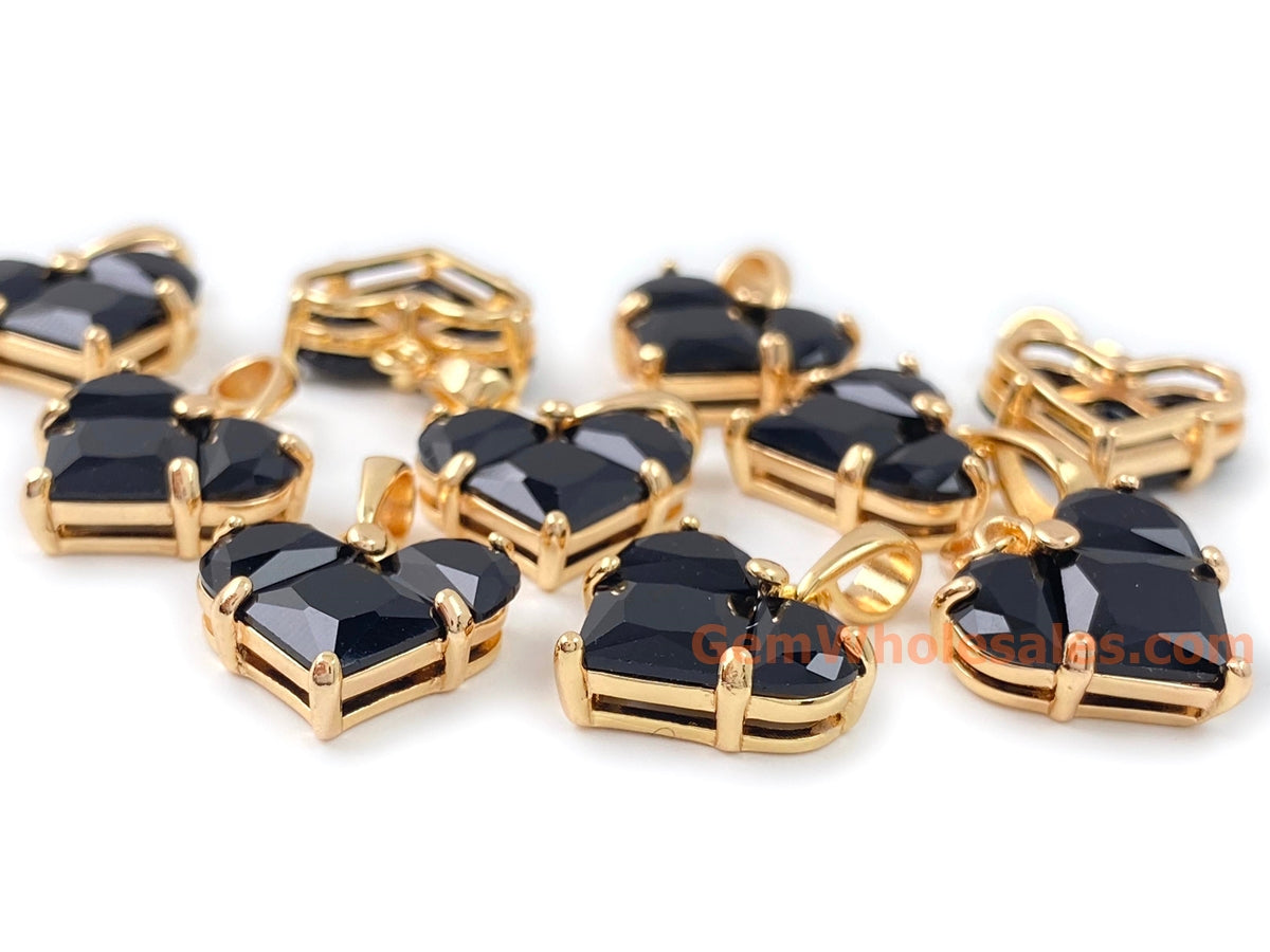 2PCS 14mm black CZ heart, gold plated brass heart charms pendant