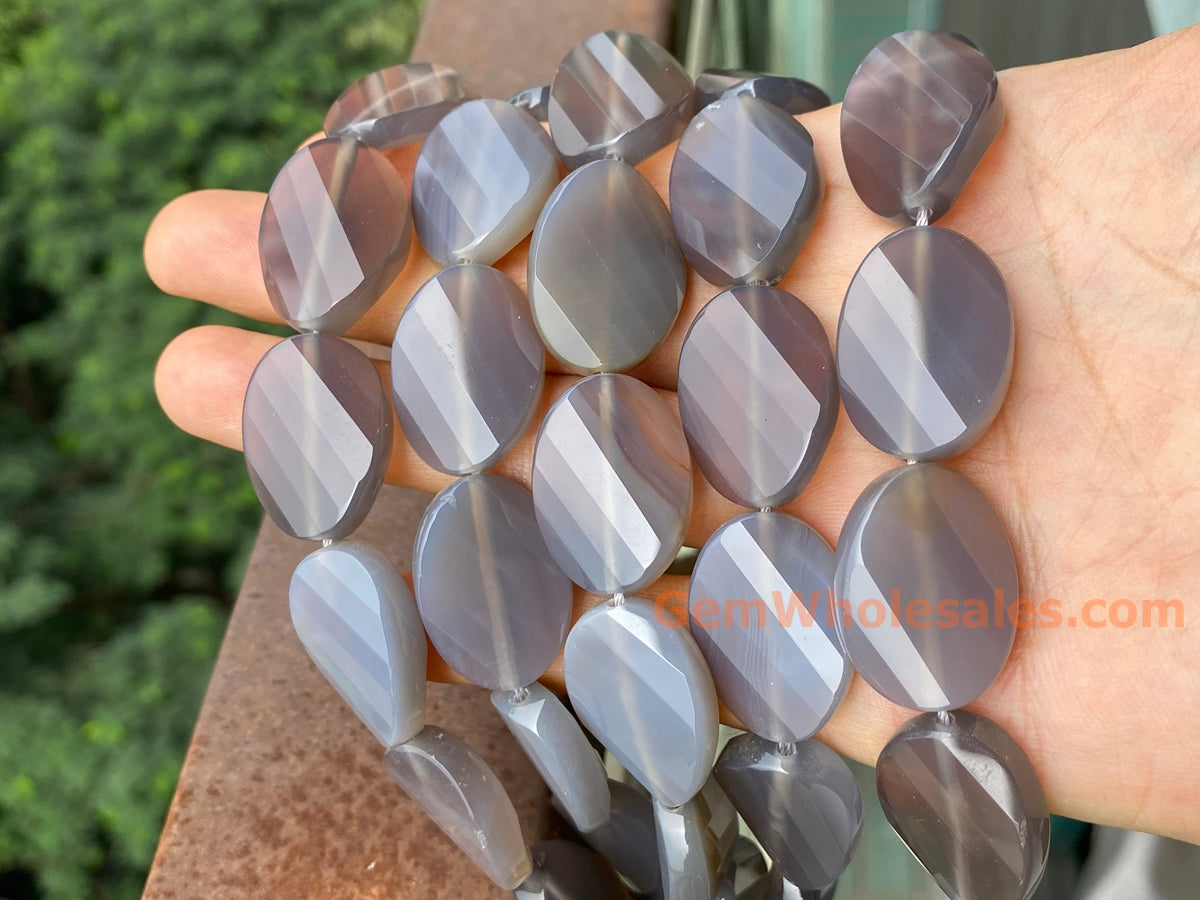 15.5" 18x25mm Grey agate twisted faceted oval beads