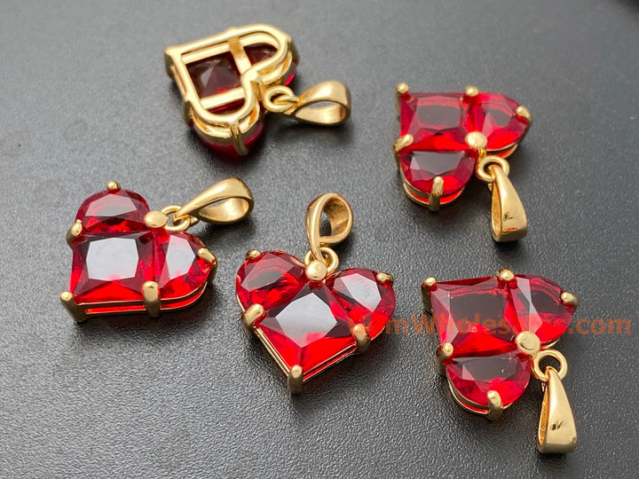 2PCS 14mm gold plated brass heart charms pendant, red zircon heart