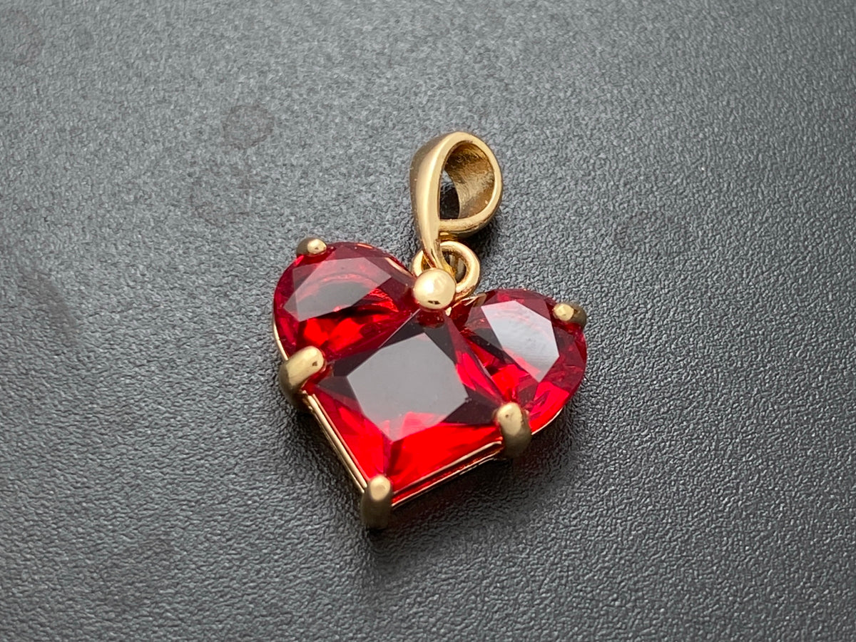 2PCS 14mm gold plated brass heart charms pendant, red zircon heart