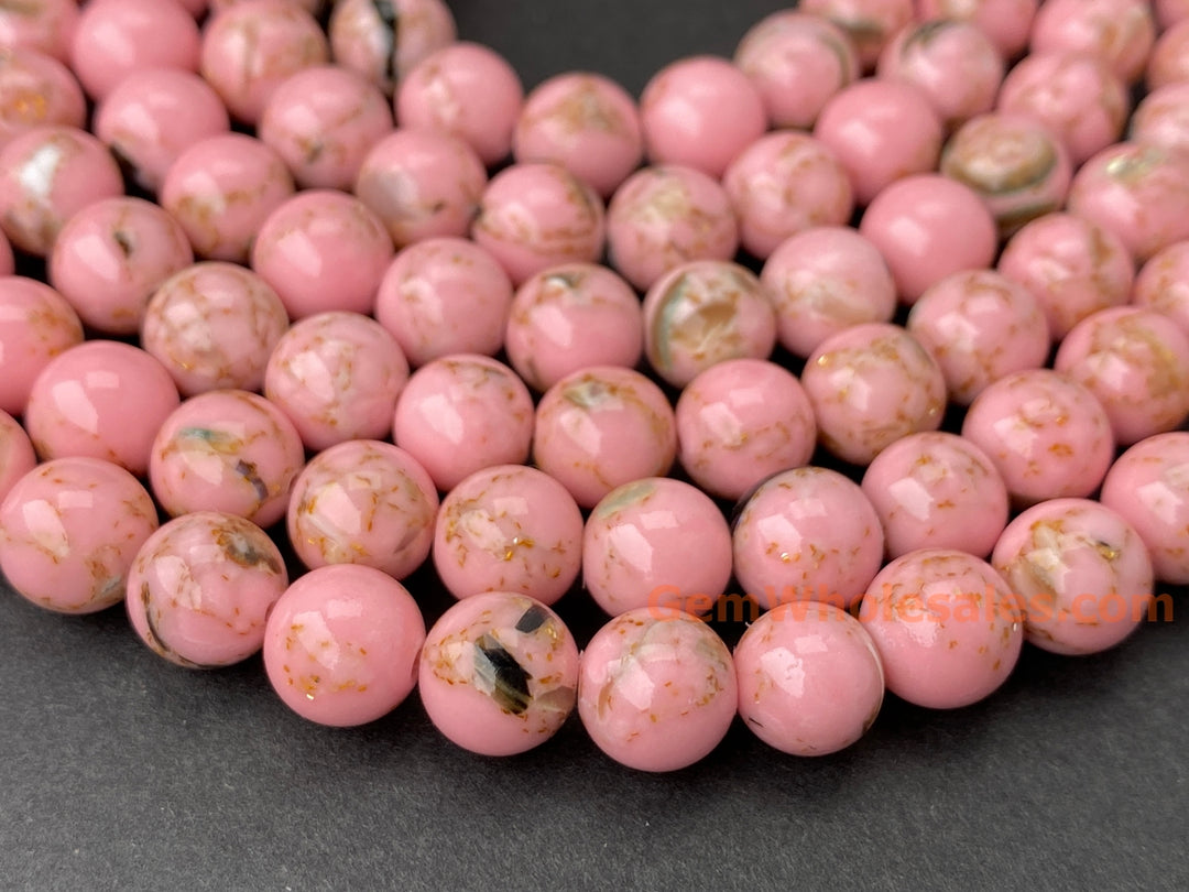 8mm pink Turquoise Beads With Shell Inlay round beads, 15.5"