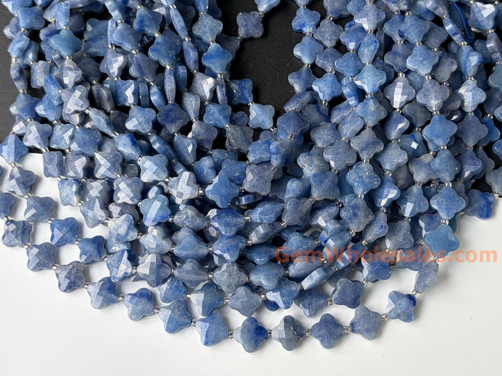 14mm Natural blue aventurine faceted Clover Beads, 15.5"