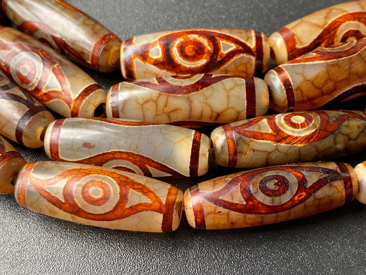 10PCS 10x28mm Antique brown Tibetan DZI agate barrel/rice beads 2 eyes