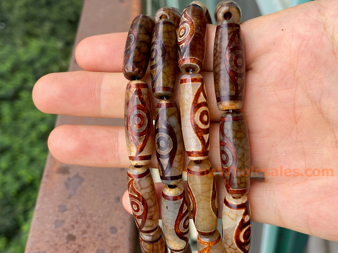 10PCS 10x28mm Antique brown Tibetan DZI agate barrel/rice beads 2 eyes