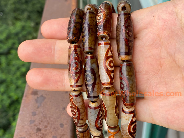 10PCS 10x28mm Antique brown Tibetan DZI agate barrel/rice beads 2 eyes