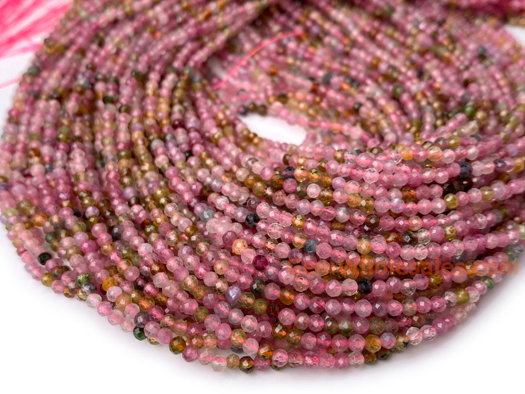 15.5" 2mm natural multi color Tourmaline round faceted gemstone beads AA