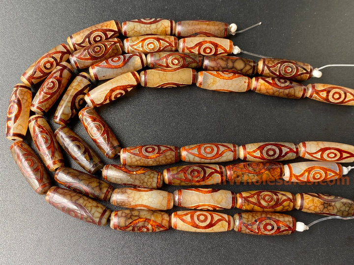 10PCS 10x28mm Antique brown Tibetan DZI agate barrel/rice beads 2 eyes