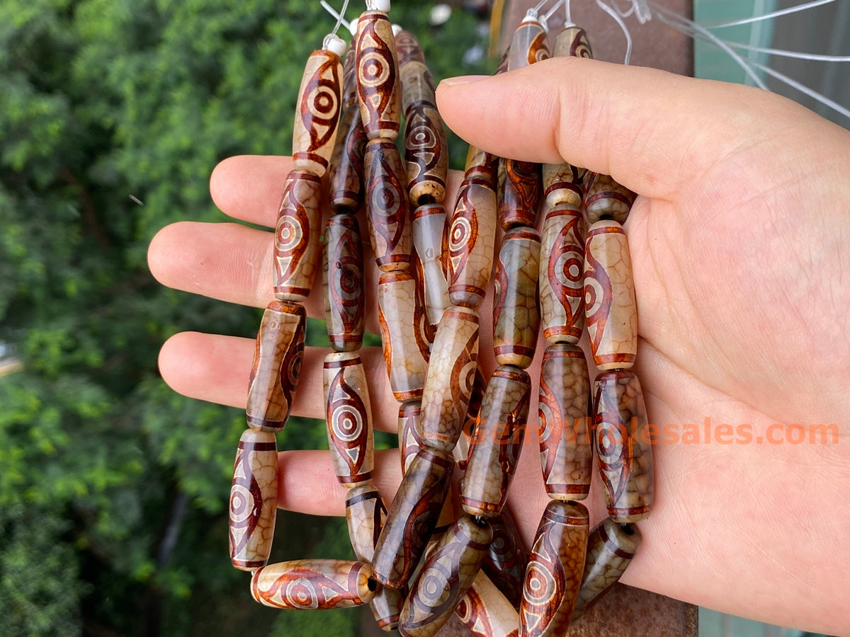 10PCS 10x28mm Antique brown Tibetan DZI agate barrel/rice beads 2 eyes