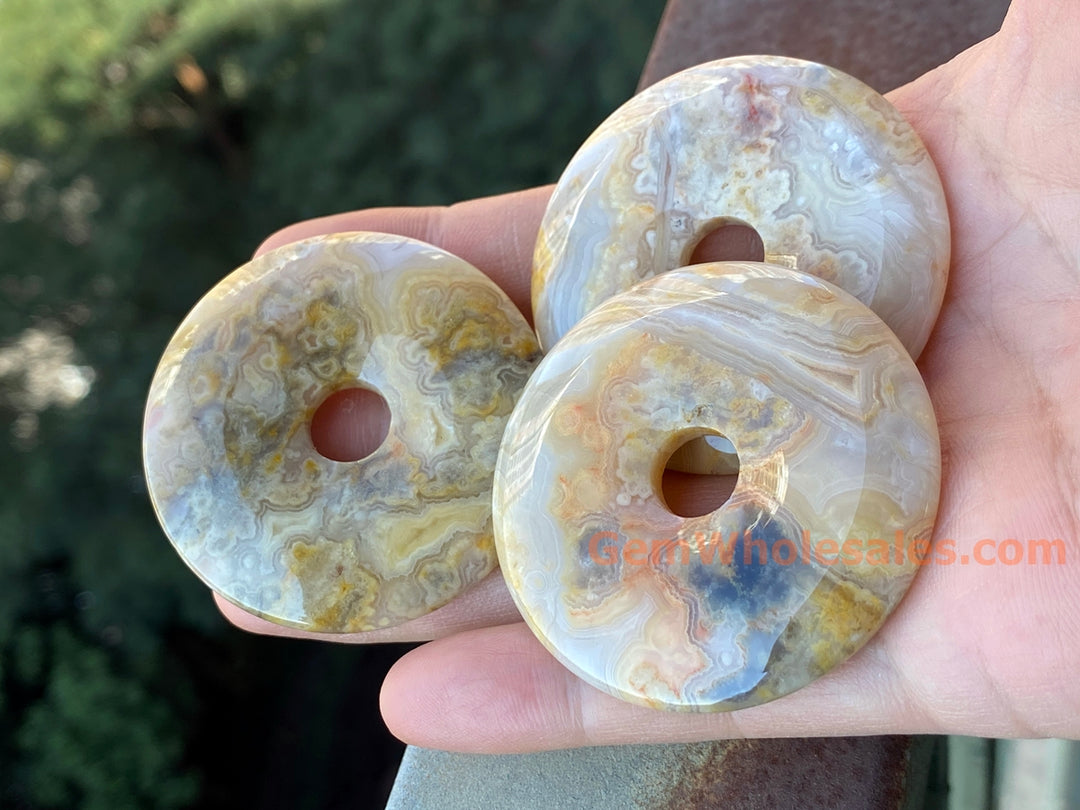 1PC 50mm natural yellow grey crazy agate Round donut pendant