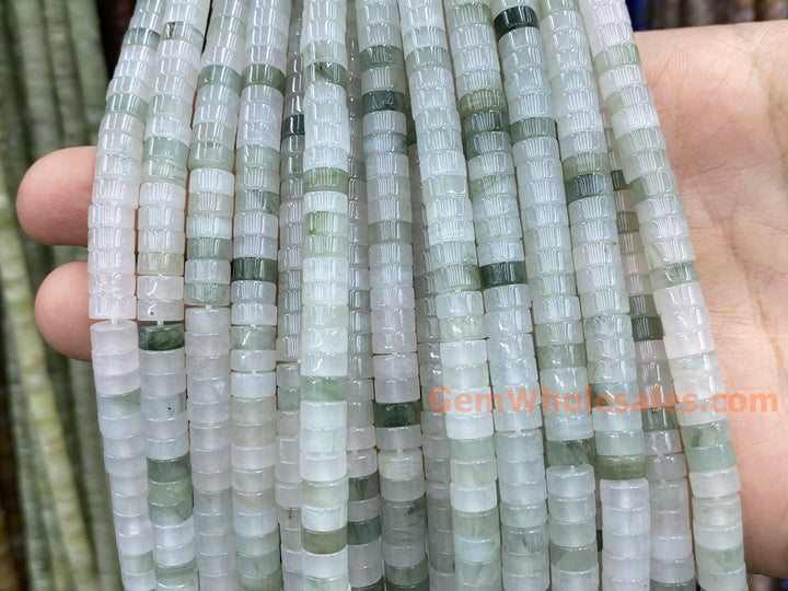 15.5" 3x6mm Natural Ice Mountain Tianshan green jade heishi beads