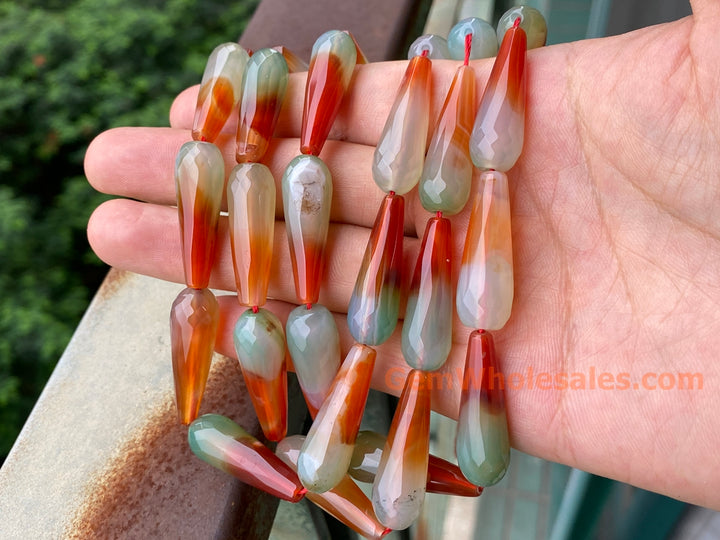 10x30mm Green red stripe agate faceted teardrop beads, 15.5"