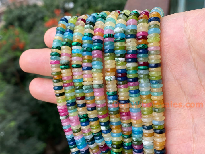 2x6mm Pink red Yellow green multi color jade stone Heishi beads, 15"