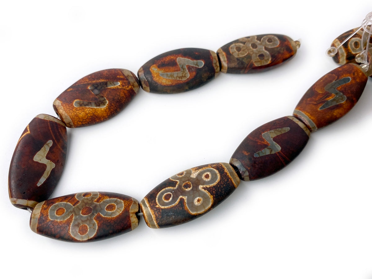 14" 22x40mm Antique Brown Tibetan Dzi agate oval beads flash flower