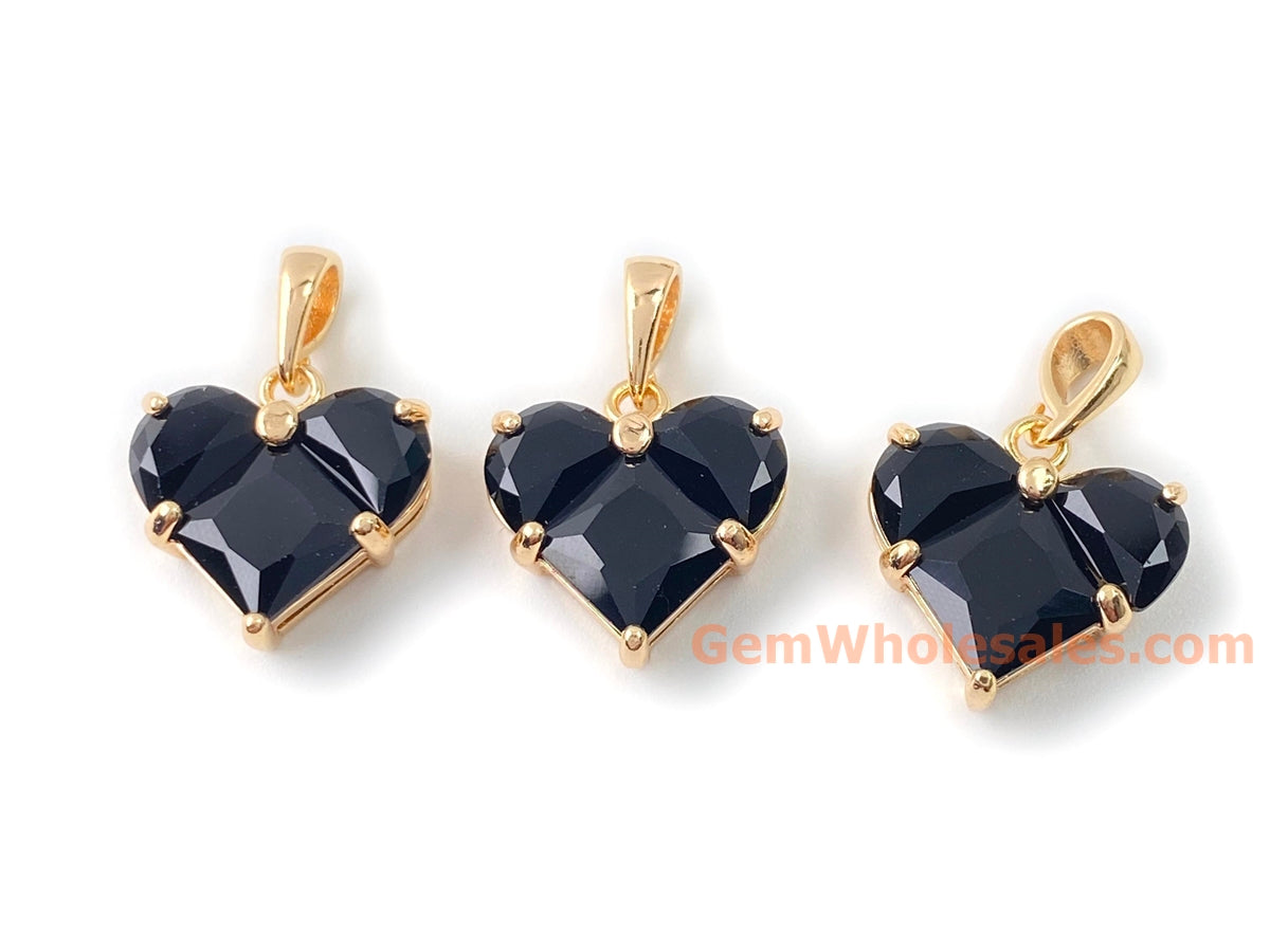 2PCS 14mm black CZ heart, gold plated brass heart charms pendant