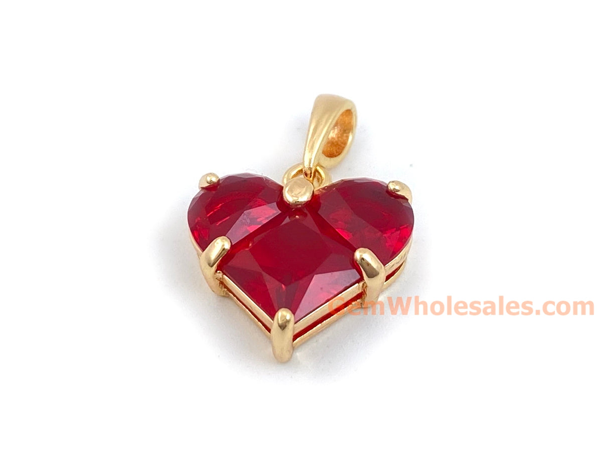 2PCS 14mm gold plated brass heart charms pendant, red zircon heart