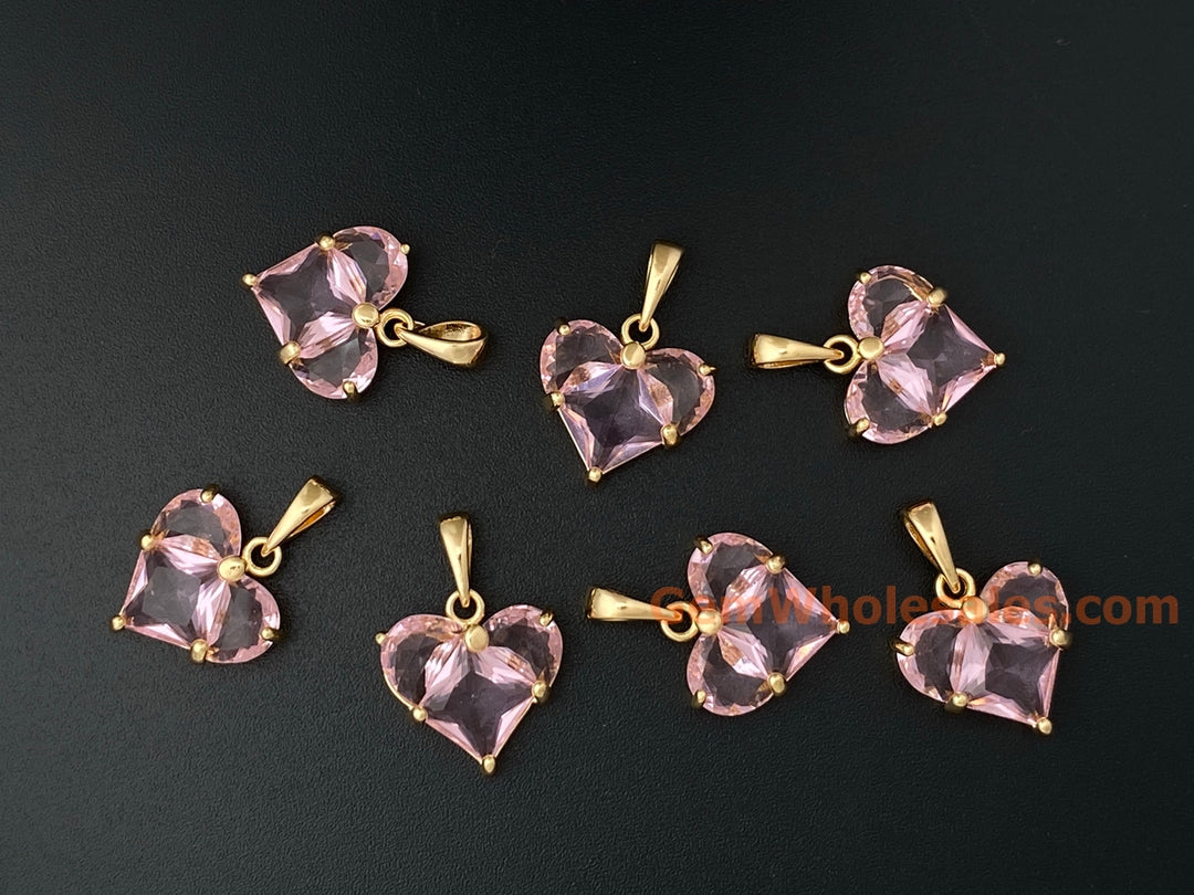 2PCS 14mm gold plated brass heart charms pendant, pink zircon heart