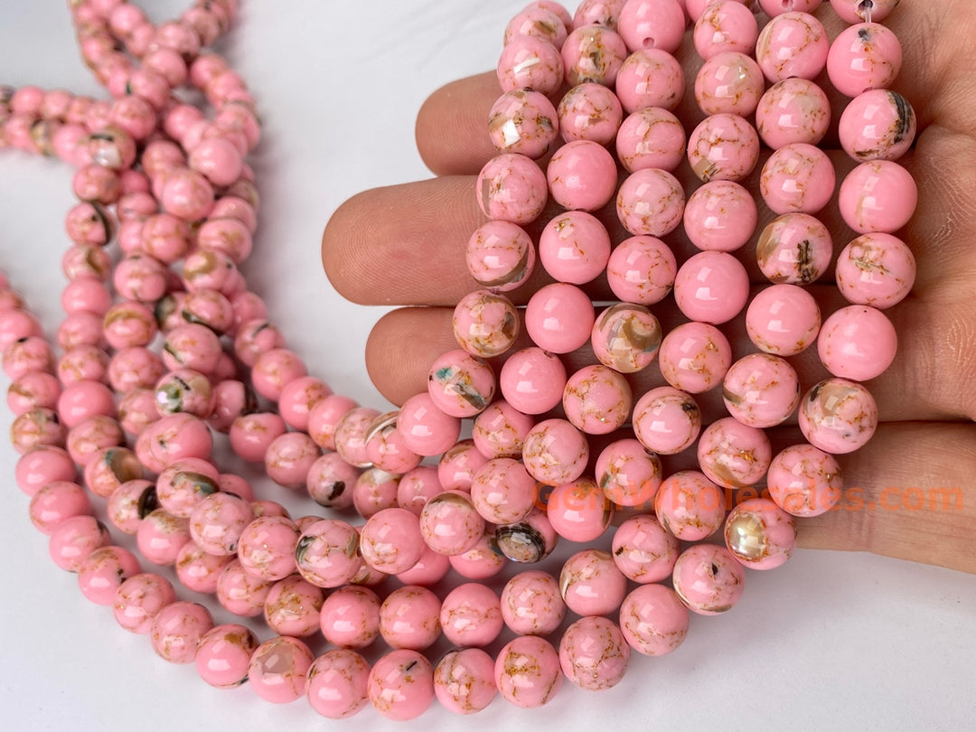 8mm pink Turquoise Beads With Shell Inlay round beads, 15.5"