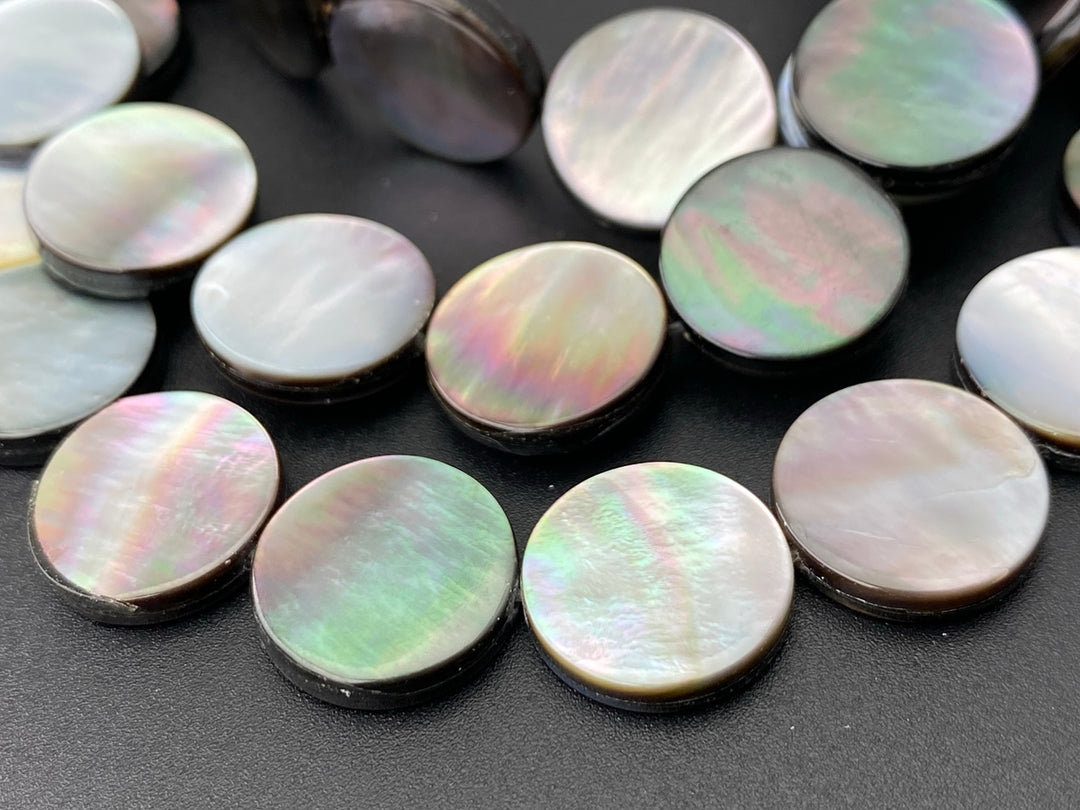 Natural black mother of pearl MOP 15mm coin beads, 15.5"