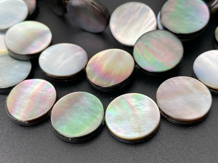 Natural black mother of pearl MOP 15mm coin beads, 15.5"